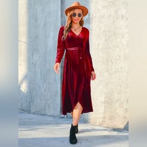 Women's Wine Tie Front Long Sleeve Slit Midi Wrap Dress. NWT Various Sizes